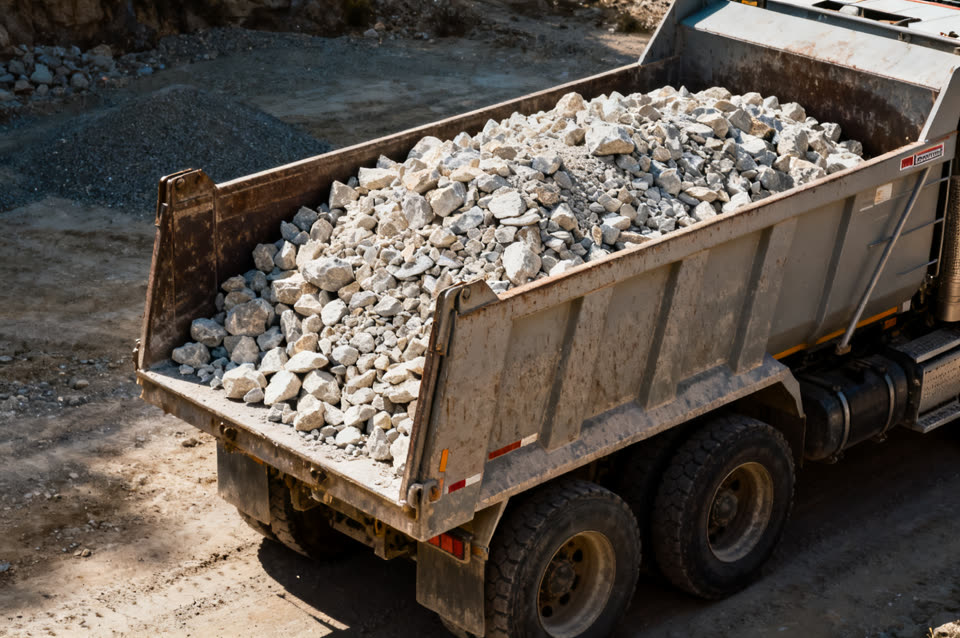 Tandem dump truck bed full of crushed limestone