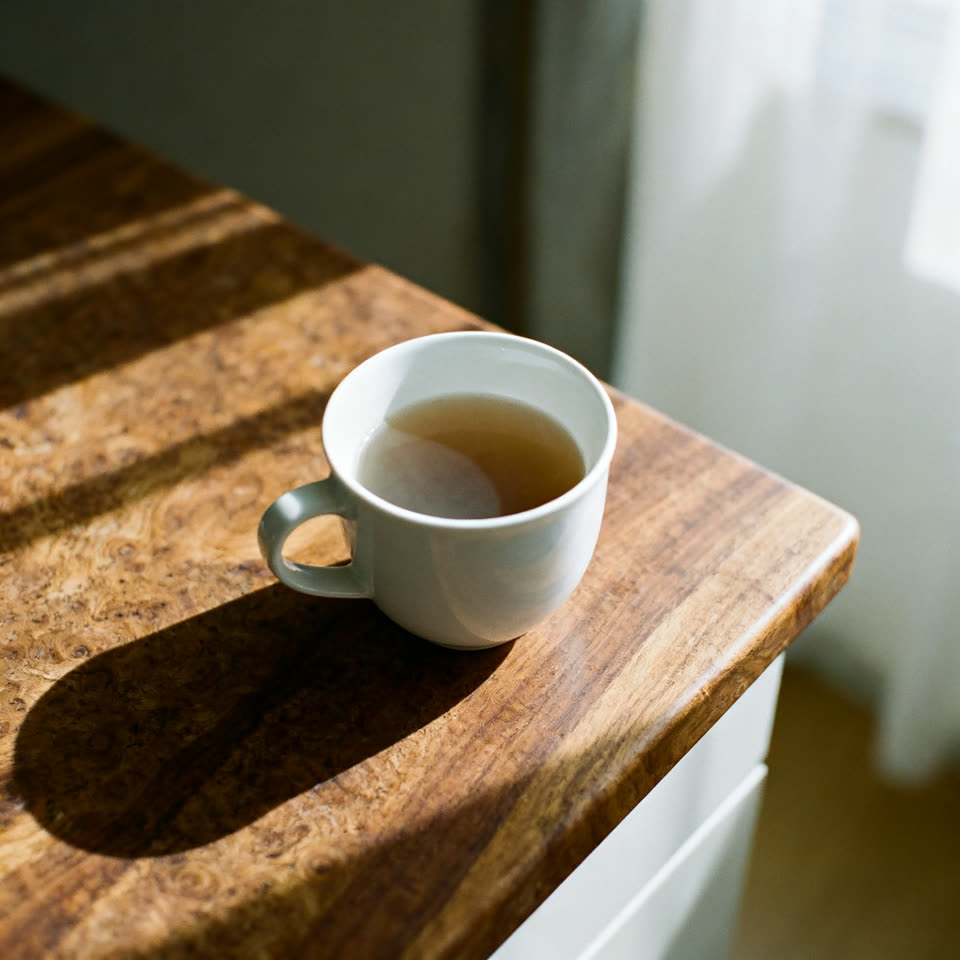 Top down flat white in a ceramic cup on a walnut counter