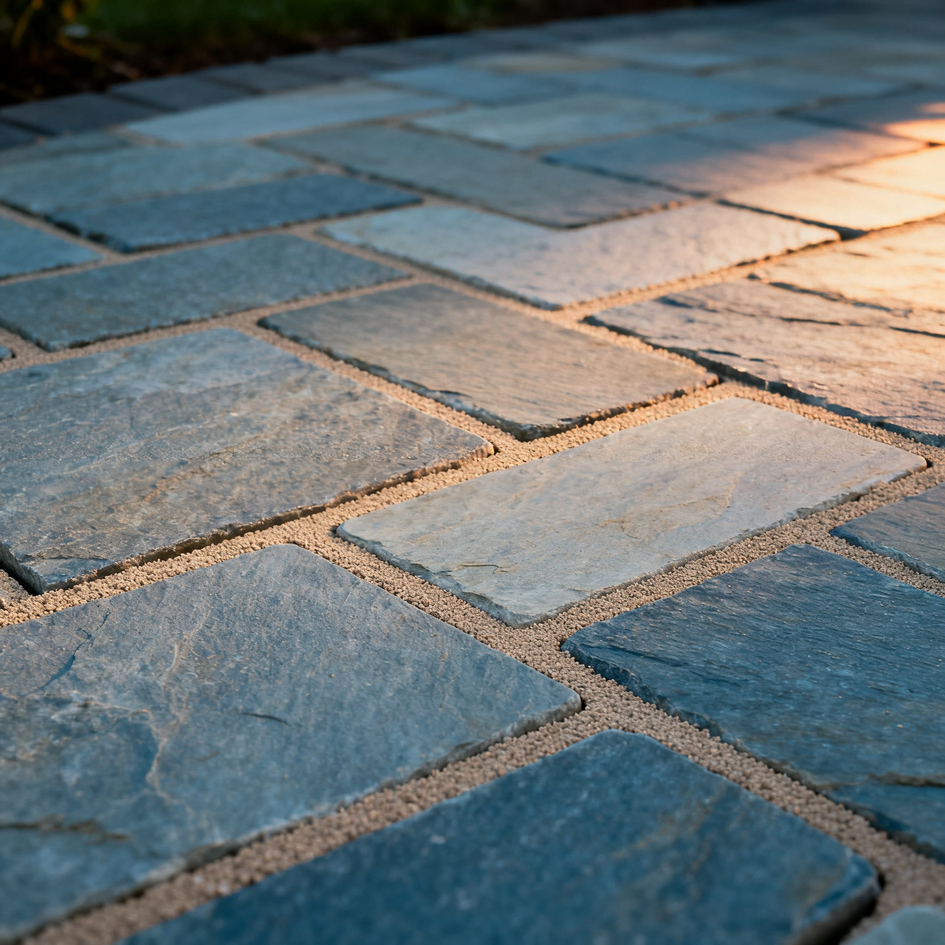 Close macro of dry laid bluestone pavers with polymeric sand joints