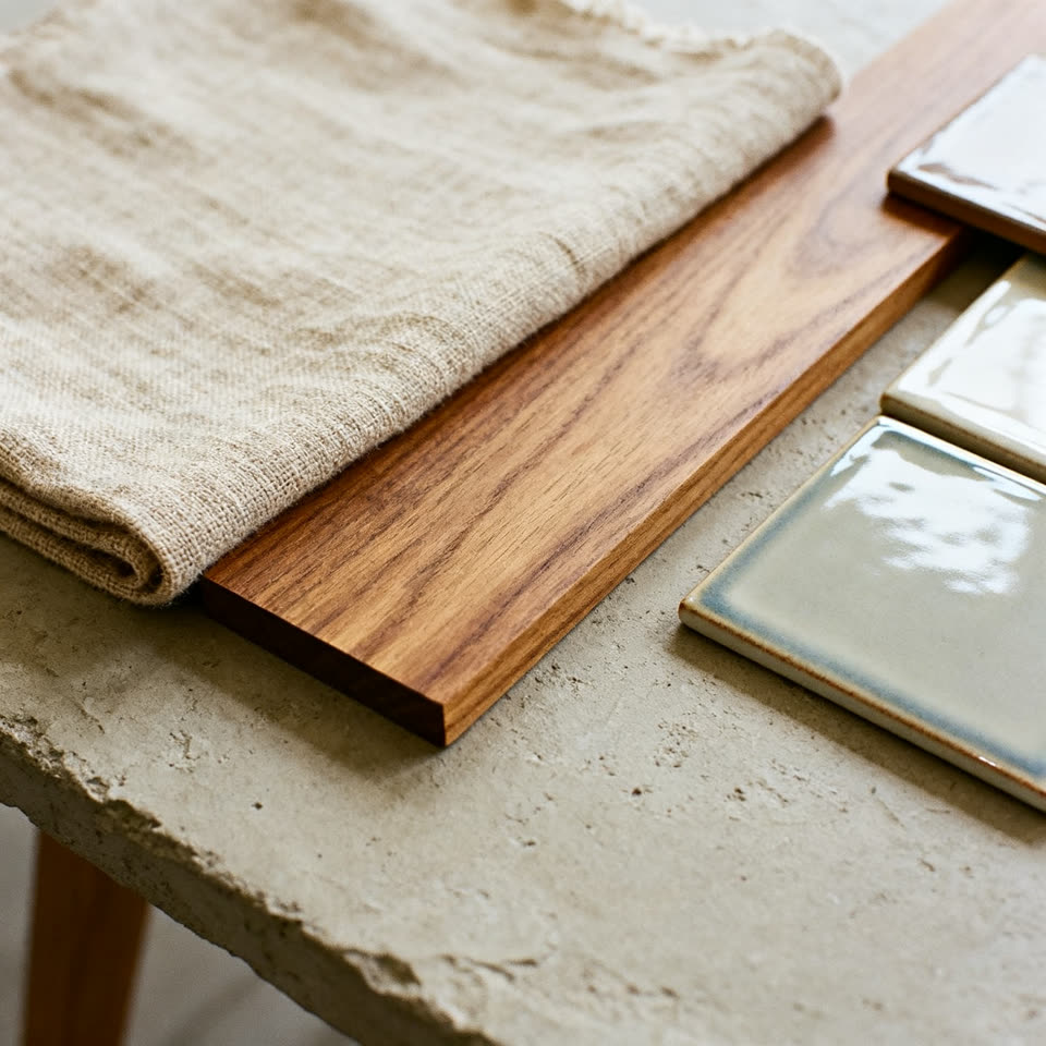 Linen, oak, and glazed ceramic material samples on a plaster table