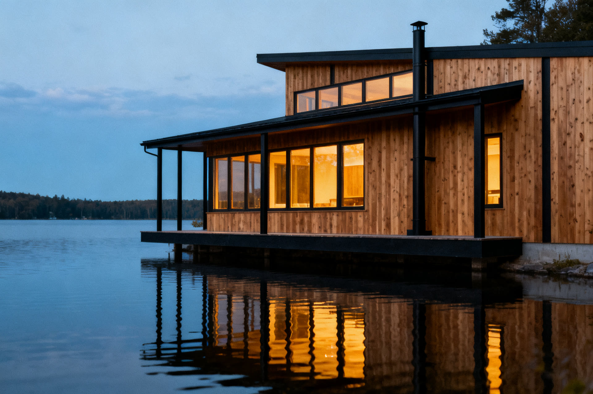 Modern cedar and black steel lake house at blue hour, warm windows reflected in still water