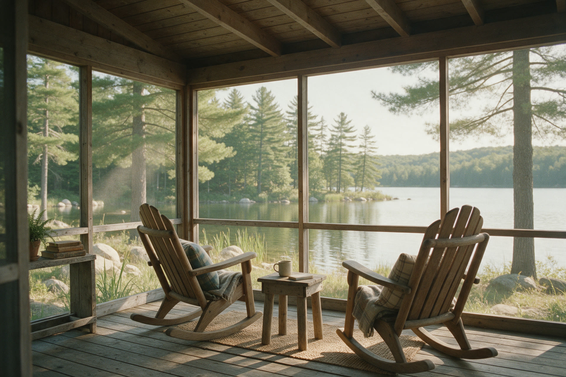 Screened porch of a Wisconsin lake house with two chairs, morning light through pines