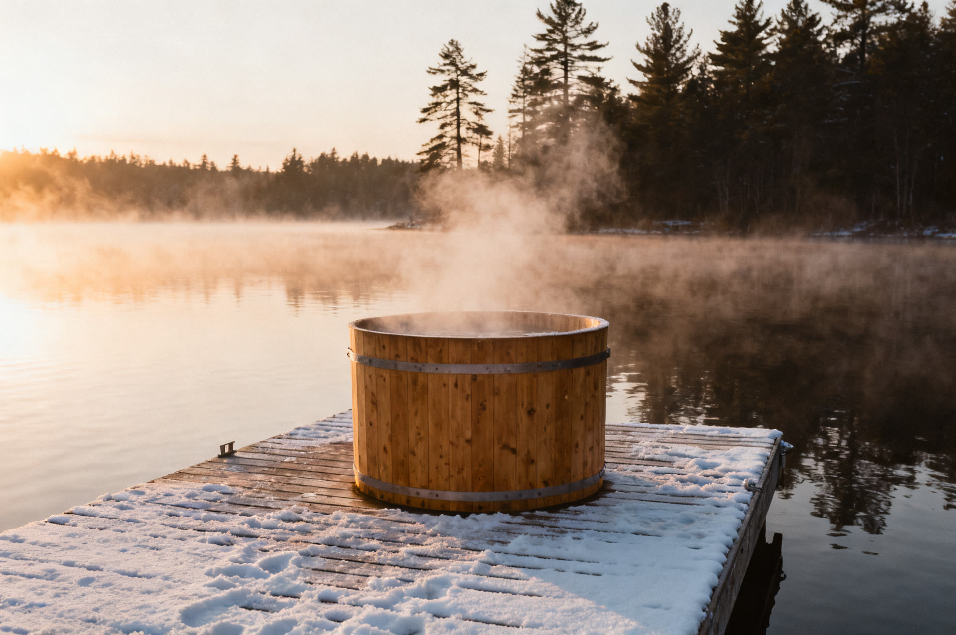 A cedar cold plunge tub on a snowy dock at dawn, steam rising off the water