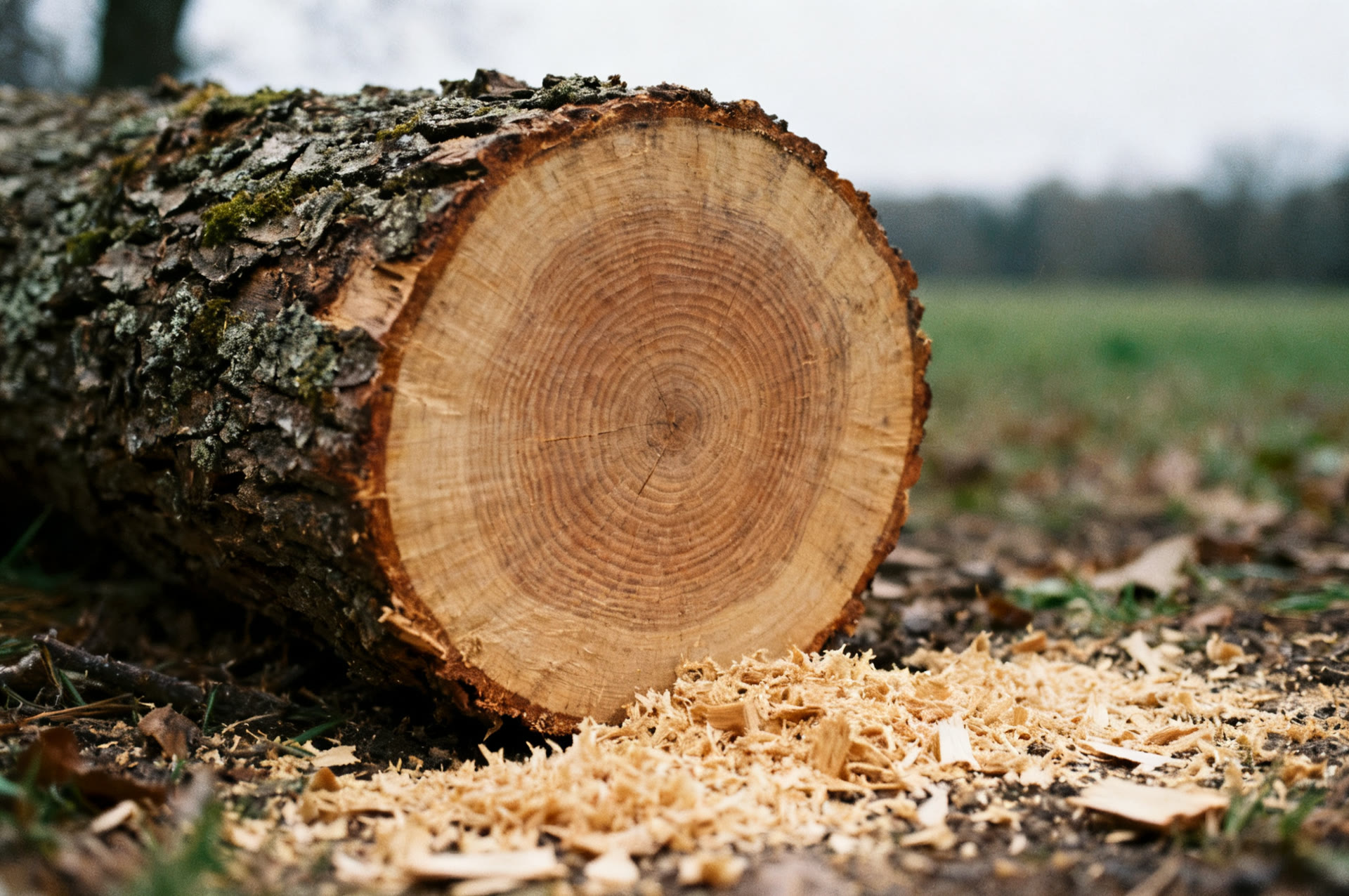 Fresh cut oak stump showing growth rings and sawdust